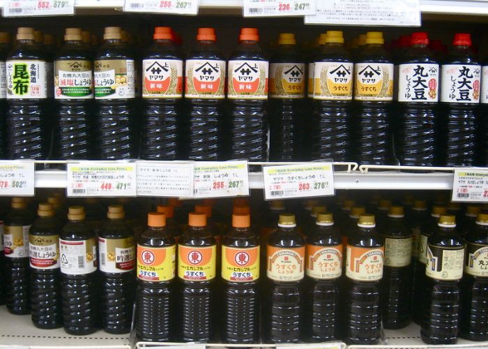Rows of different Japanese soy sauces